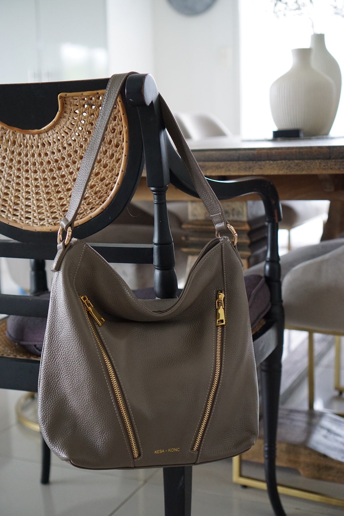 Leather Double Zipper Handbag - Aspa Taupe