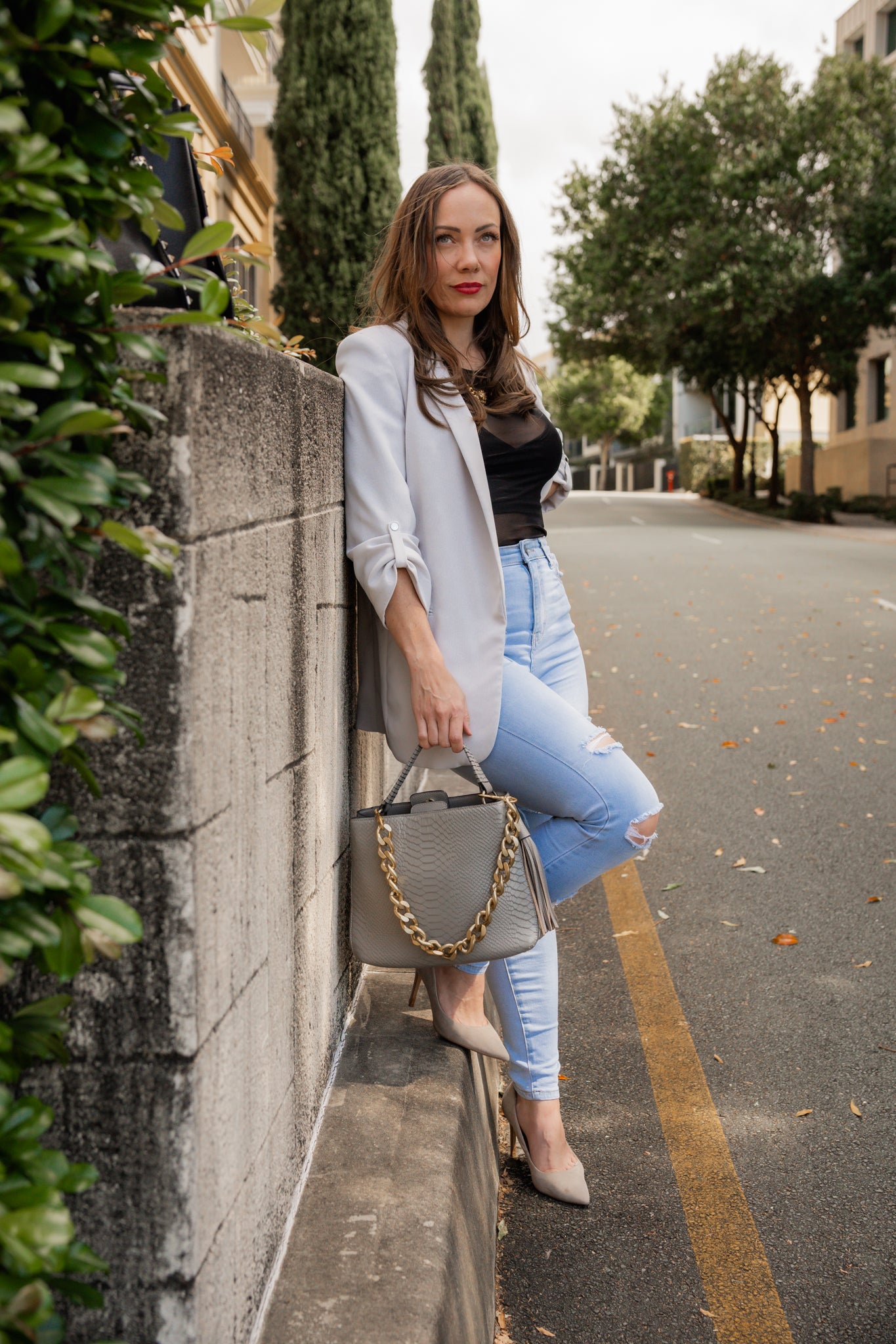 Leather handbag with Gold Chain - Marlene Taupe snake