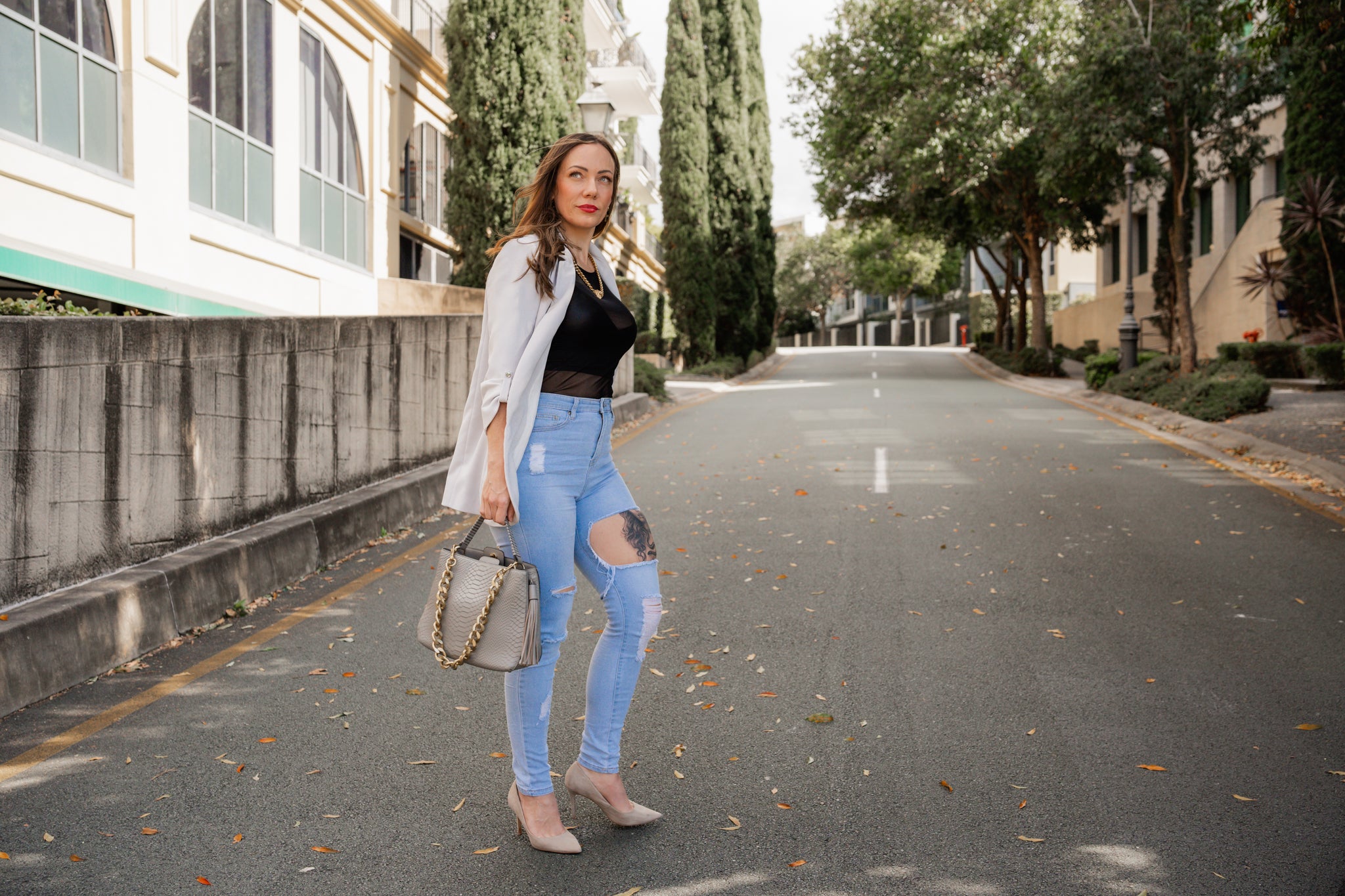 Leather handbag with Gold Chain - Marlene Taupe snake