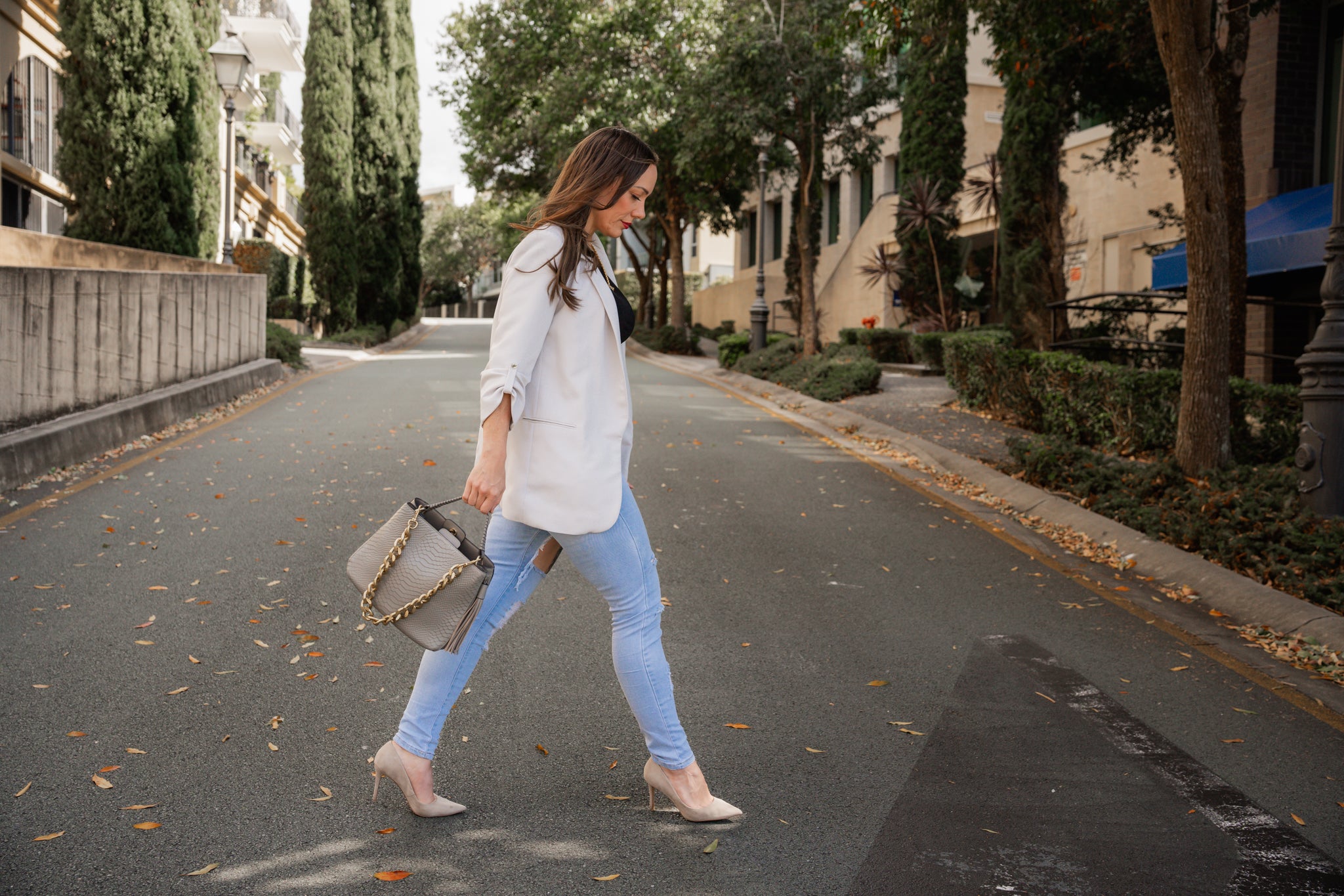Leather handbag with Gold Chain - Marlene Taupe snake