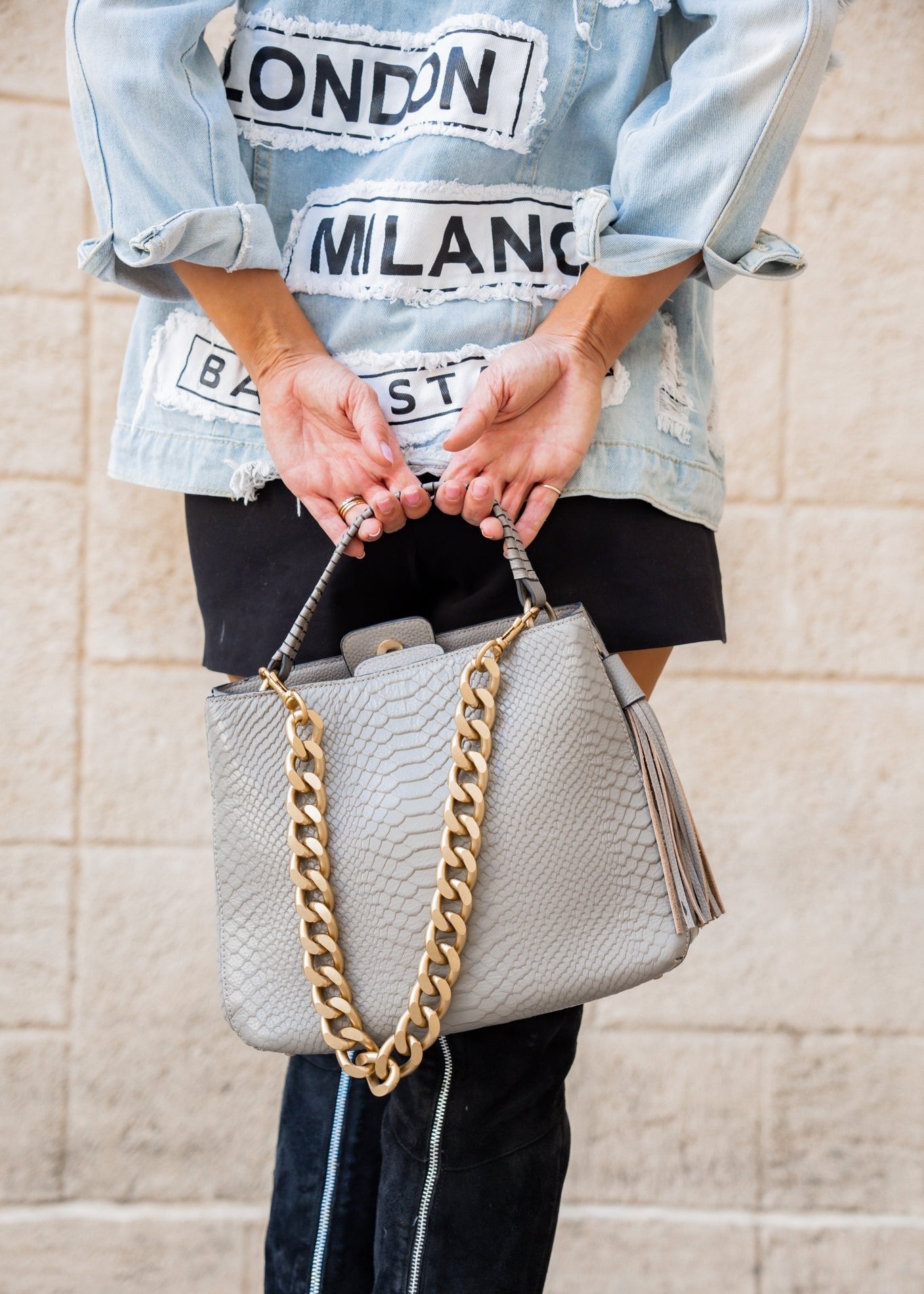 Leather handbag with Gold Chain - Marlene Taupe snake