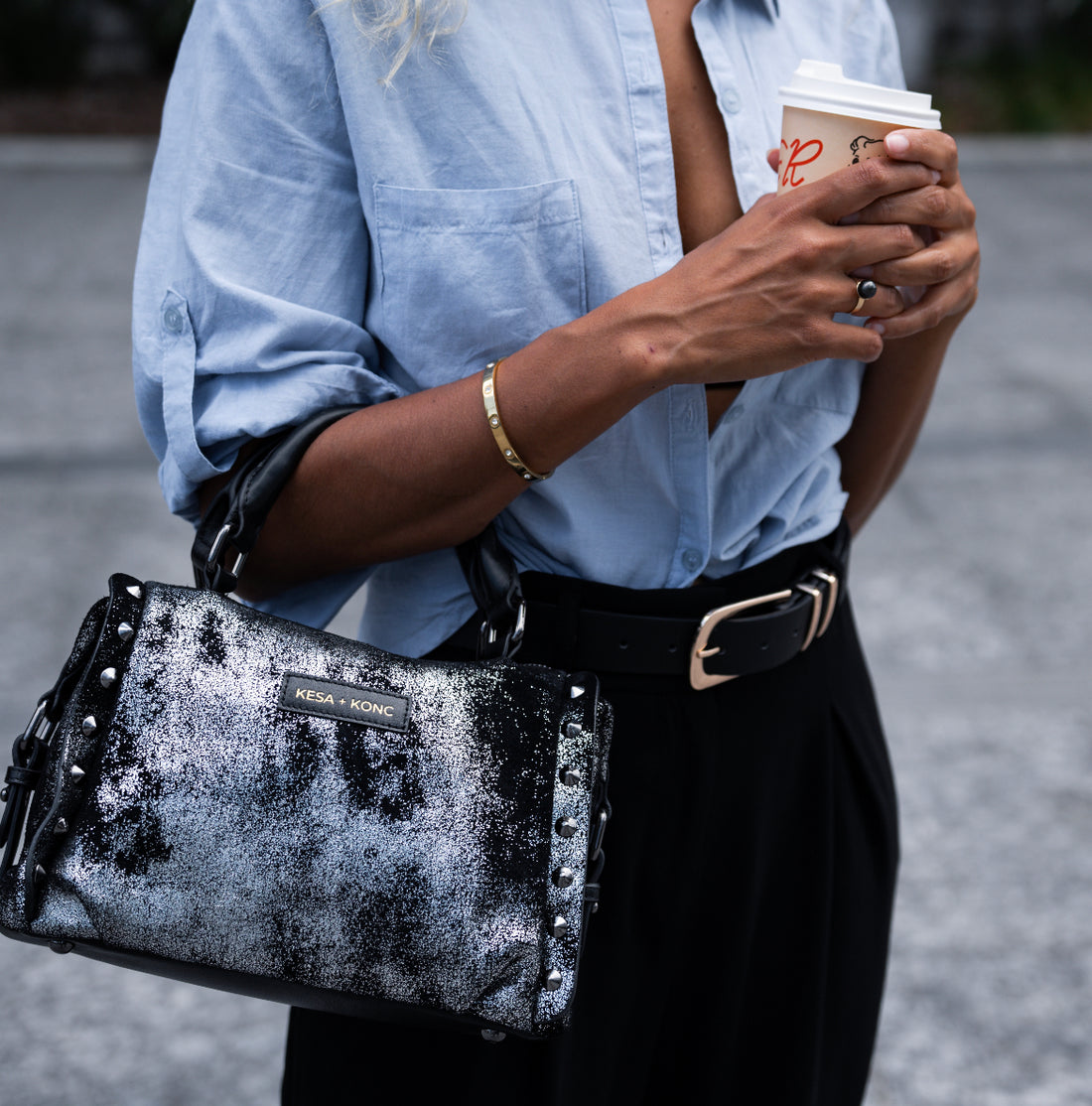 Star Gaze Studded Barrel bag - Gunmetal Leather