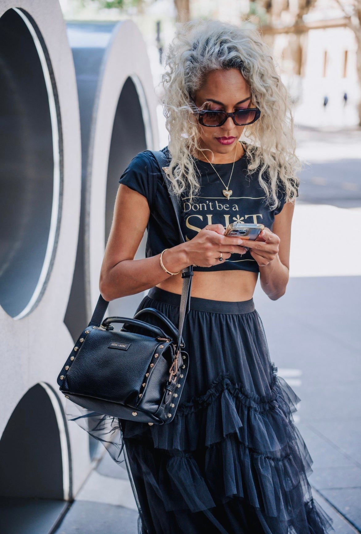 LAST ONE Nero Onyx Studded Barrel Bag - Black Leather