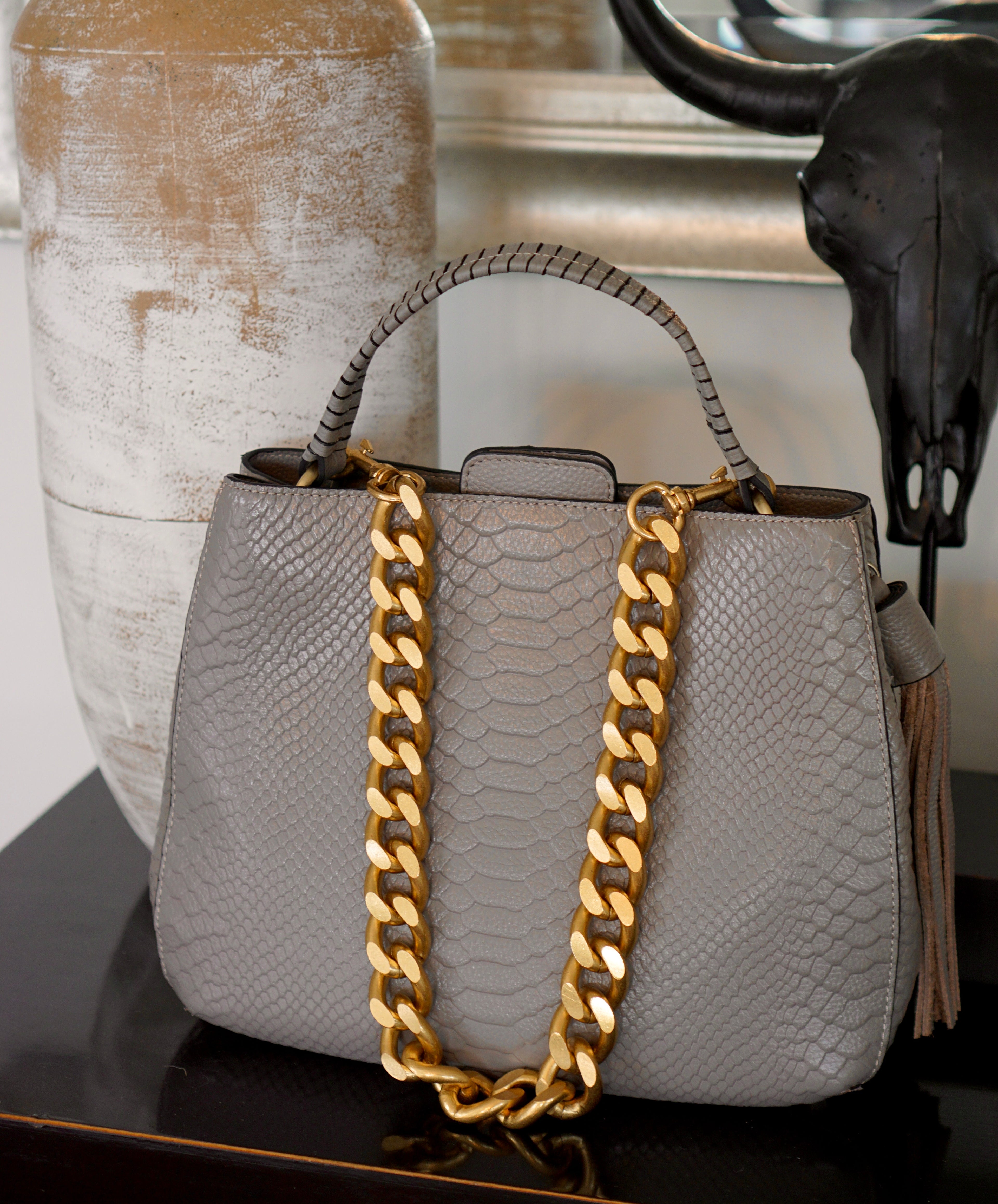 Leather handbag with Gold Chain - Marlene Taupe snake