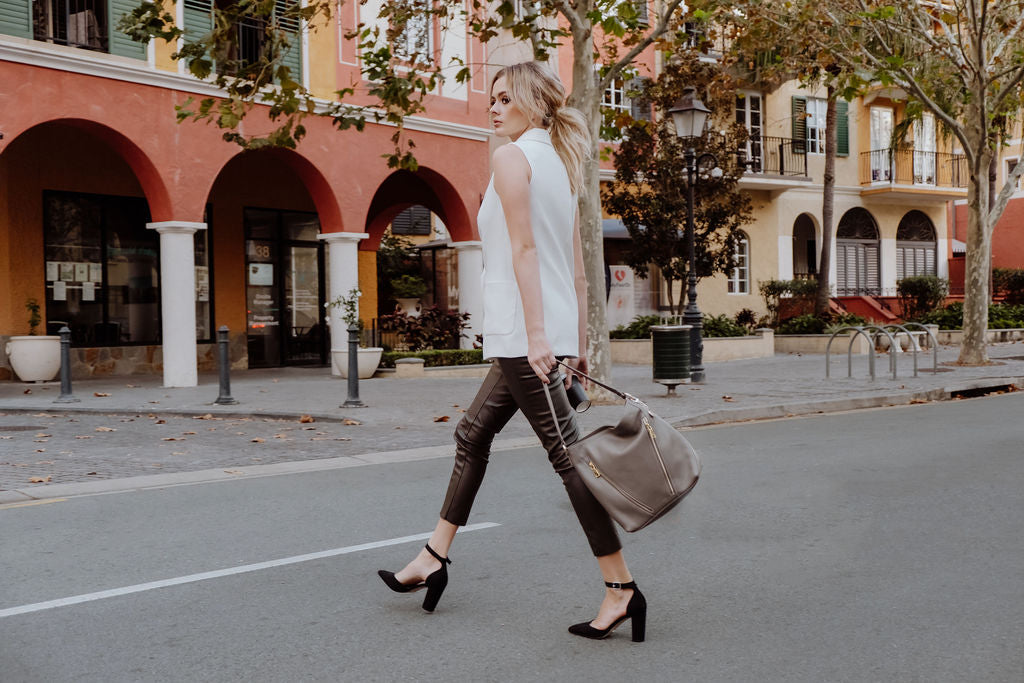 Leather Double Zipper Handbag - Aspa Taupe