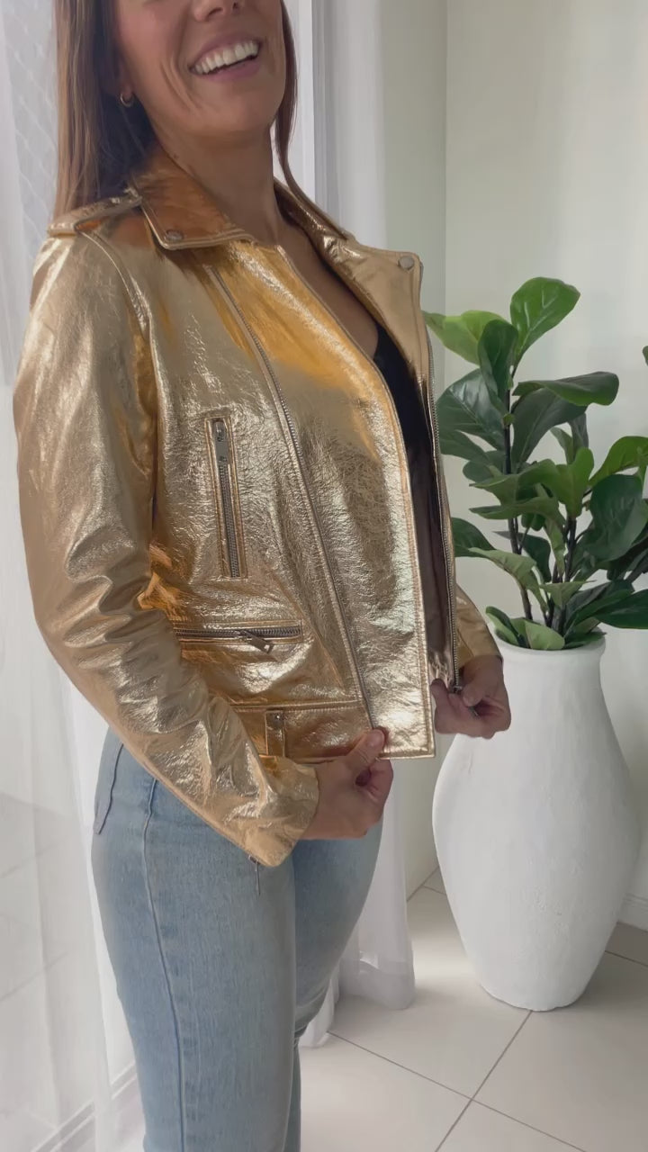 Gold rush premium metallic leather jacket