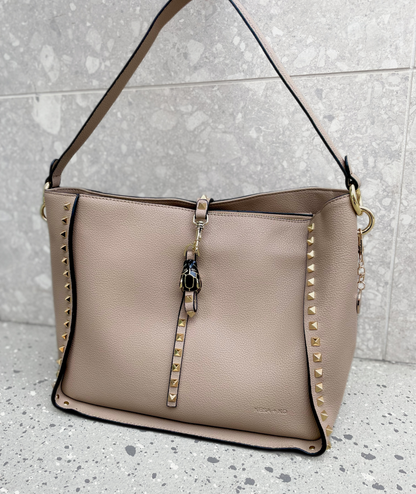 Leather Shoulder Bag - INKA X Taupe Studded