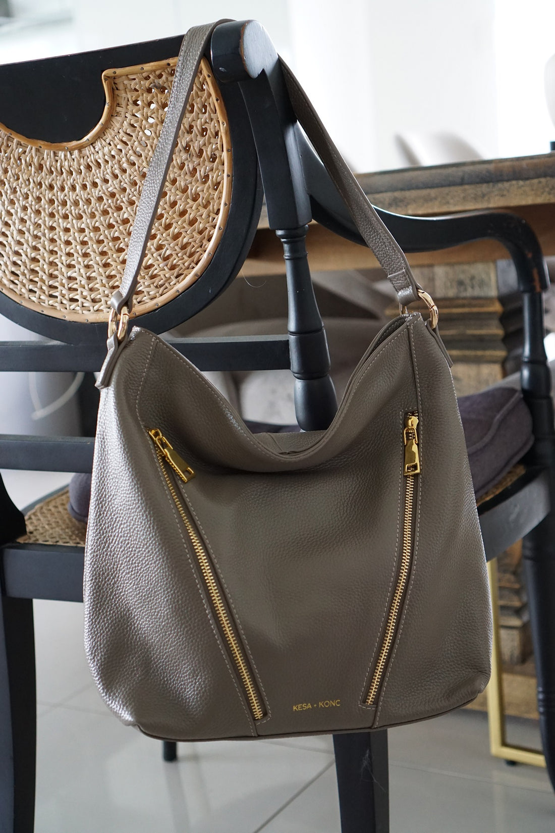 Leather Double Zipper Handbag - Aspa Sage