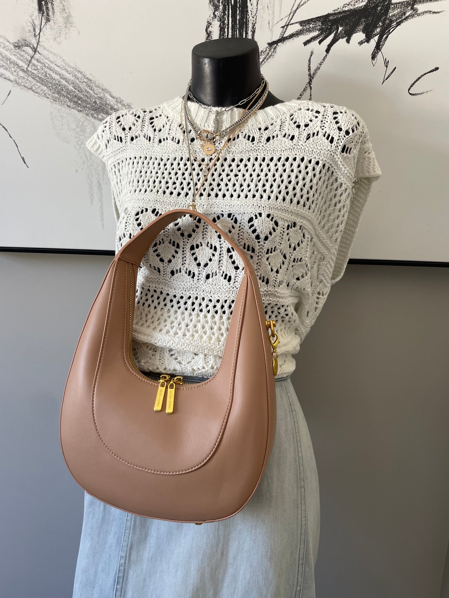 Fallon Shoulder Half Moon Bag - Latte