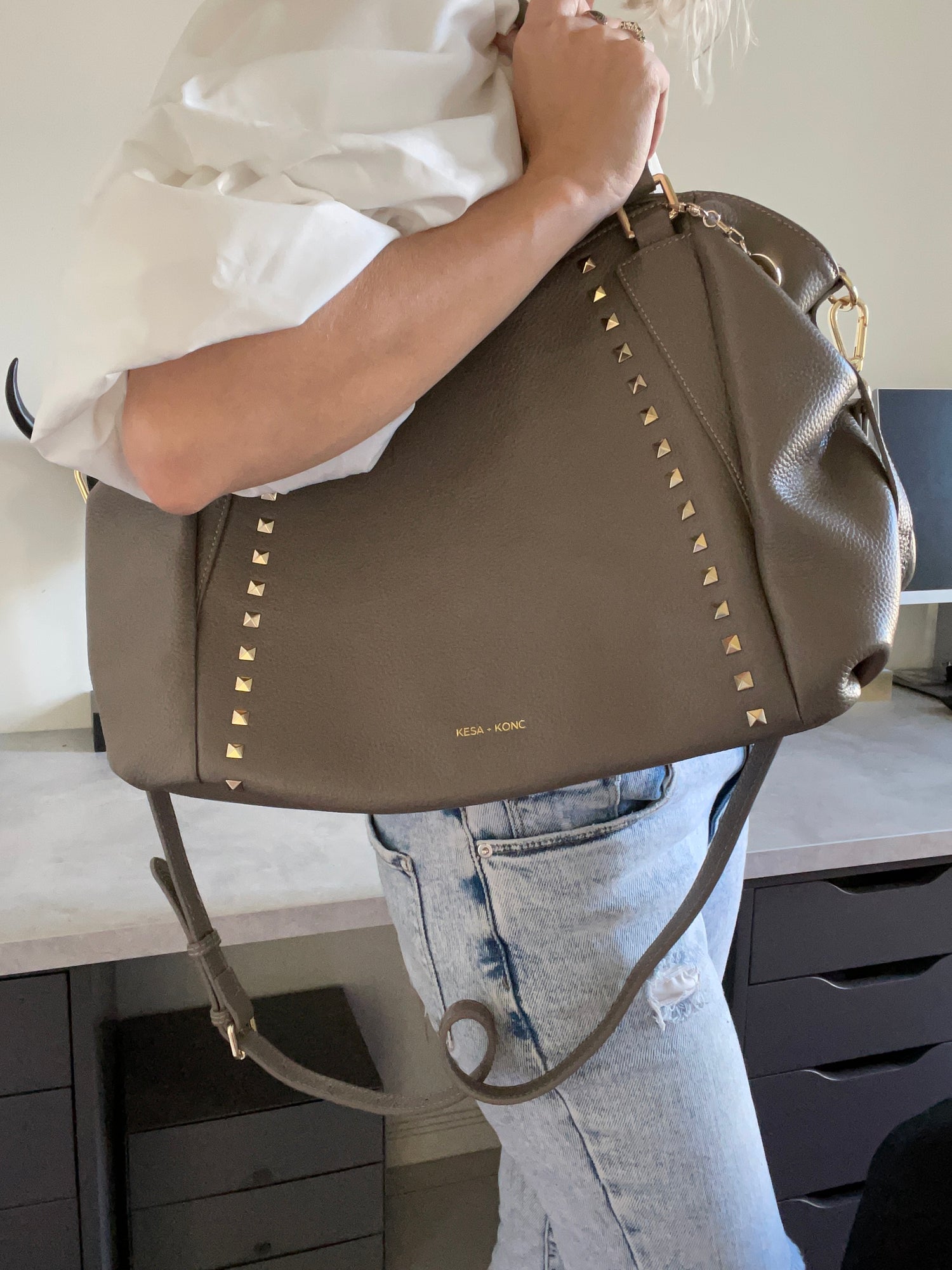 Leather studded Shoulder Bag - Kalli Sage