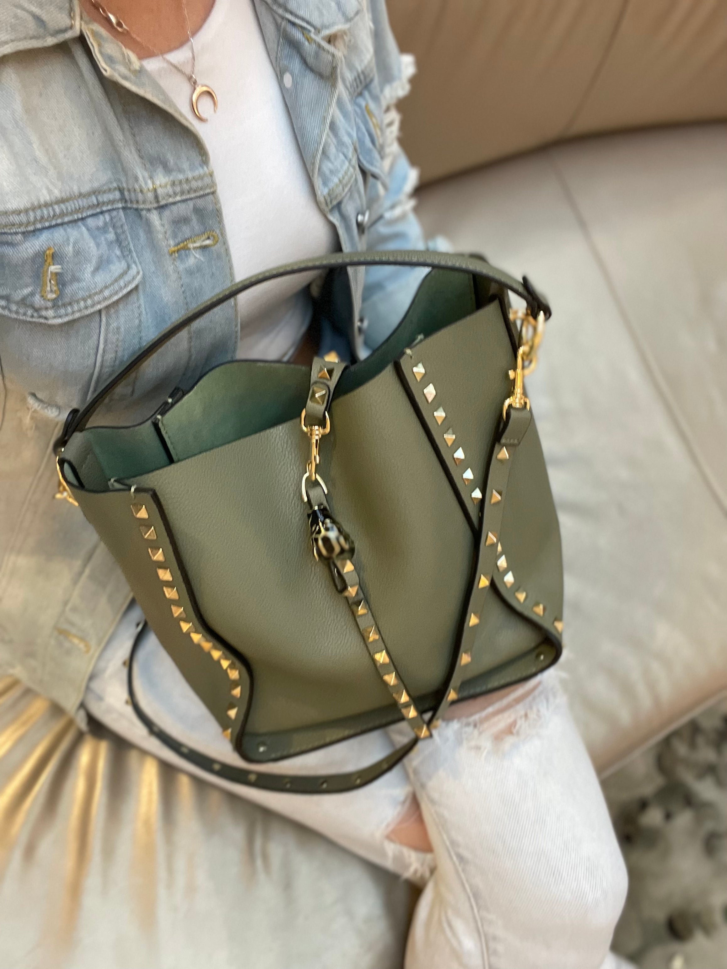 Studded Leather Bucket Bag - Inka Sage