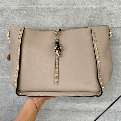 Leather Shoulder Bag - INKA X Taupe Studded