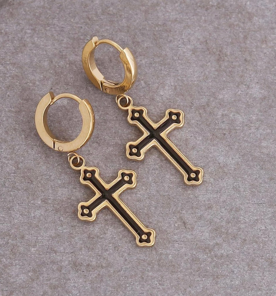 Nila Black Cross 18 k Gold plated Earrings
