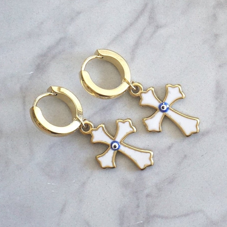 Peta White Cross 18k gold plated earrings