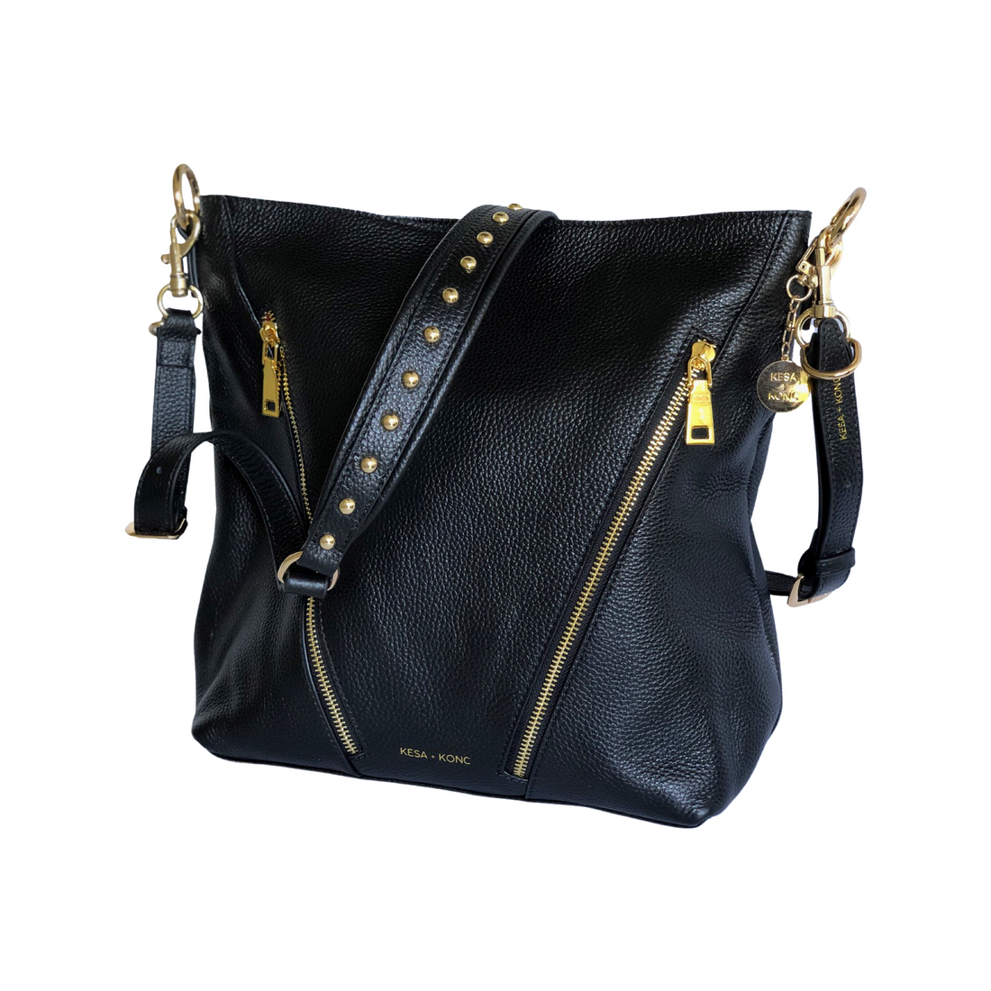 Leather Double Zipper Handbag - Aspa Black