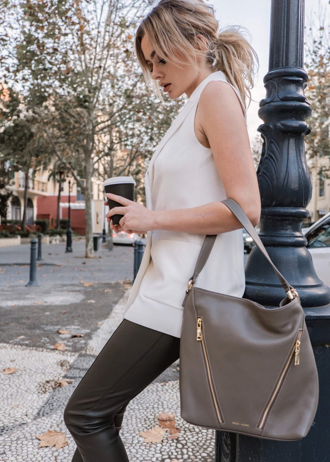 Leather Double Zipper Handbag - Aspa Taupe