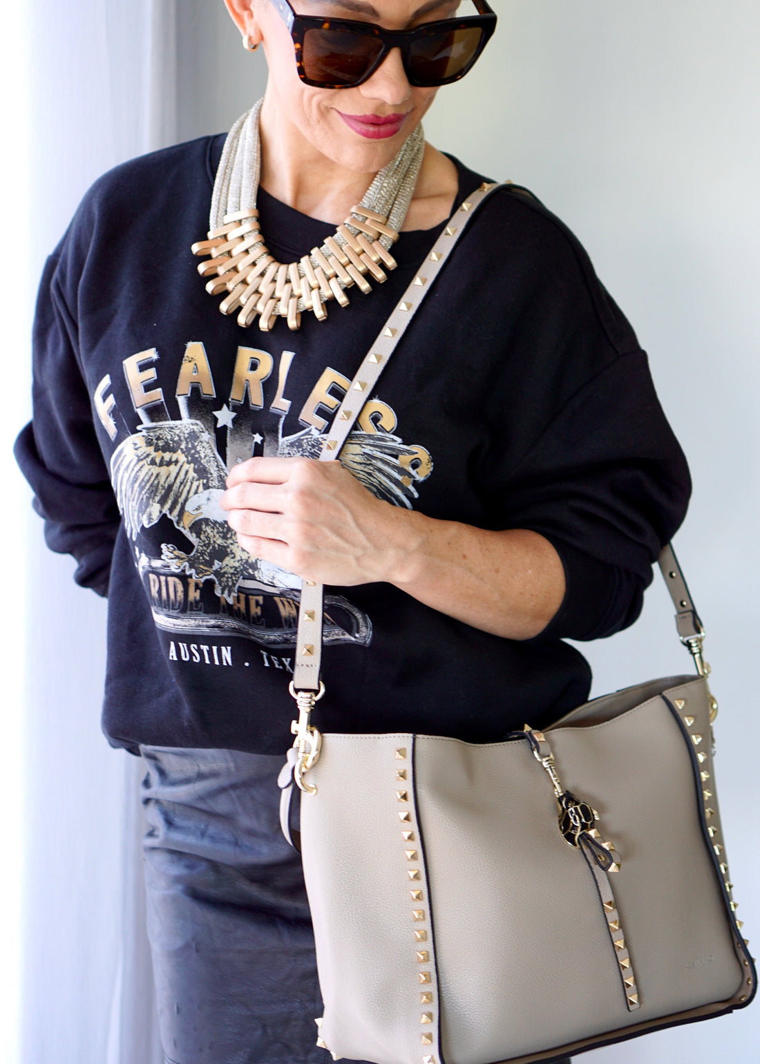 Leather Shoulder Bag - INKA X Taupe Studded